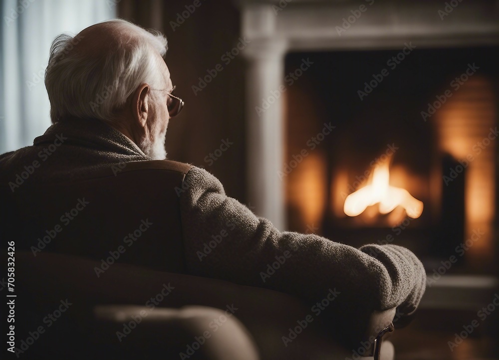 Back view of an old man seated in front of a fireplace. Back view of an old man seated in front of a fireplace.