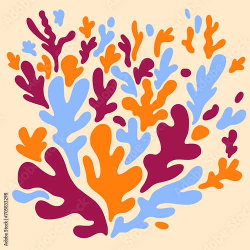 Forme abstraite de couleurs vives. Plantes aquatiques abstraites sur fond coloré. Forme abstraite façon découpage à la Henri Matisse. Fichier vectoriel.