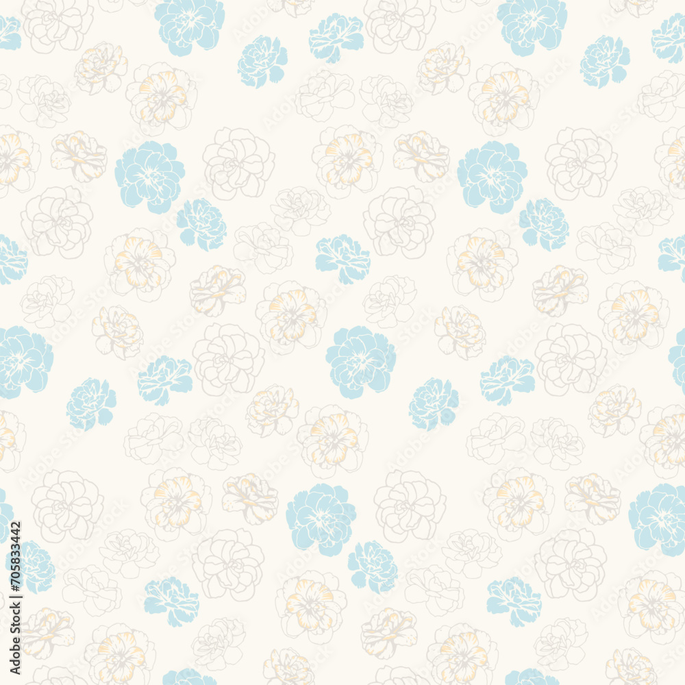Creative, stylized flowers buttercups, pansies seamless pattern. Vector hand drawn sketch. Light pastel with simple floral printing. Design for fashion, textile, fabric, wallpaper