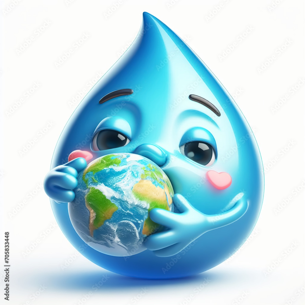Water drops funny cartoon hugs the earth globe. World Environmental Education Day. AI generated Water drops funny cartoon hugs the earth globe. World Environmental Education Day. AI generated