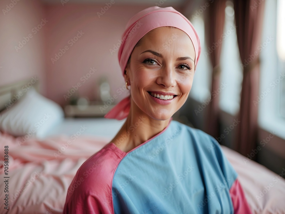 Beautiful woman with cancer smiling, dressed in pink with pink scarf on head, in hospital room, world cancer day