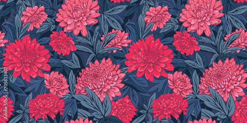 Artistic abstract flowers and leaves stem intertwined in seamless pattern. Vector hand drawn. Colorful red floral and blue leaf background. Stylized peonies, dahlias printing. Design for fashion