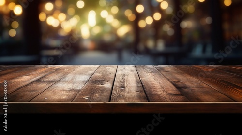 Rustic Wooden Table Top with Empty Space for Design – Vintage Brown Desk Surface with Blur Background – Minimalist Home Office Mockup Concept © Sunanta