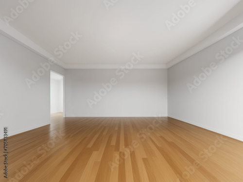 Empty Room with White Walls and Wood Flooring with Doorway for Product Mockup