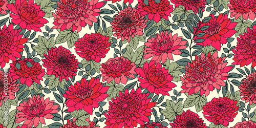 Blooming bright red flowers with tiny green branches leaves seamless pattern. Artistic stylized meadow floral print. Vector hand drawn. Artistic botanical illustration print. Design for print, fashion