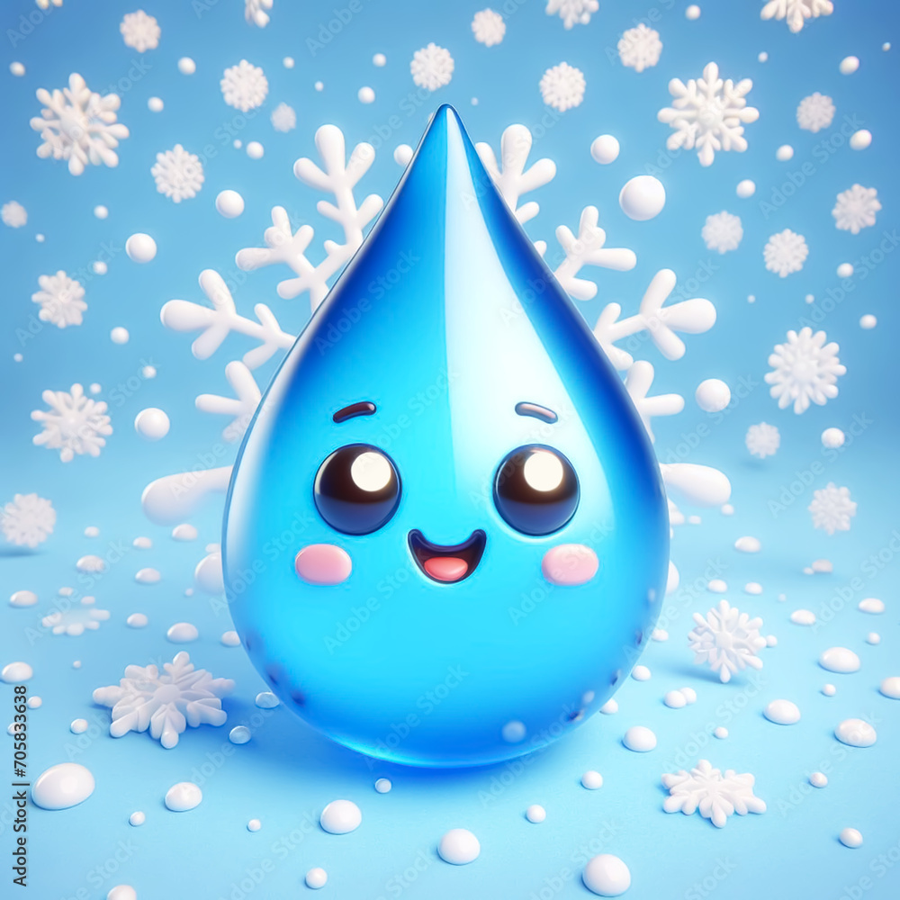 Water drops funny cartoon on snowflakes background. World Environmental Education Day. AI generated Water drops funny cartoon on snowflakes background. World Environmental Education Day. AI generated