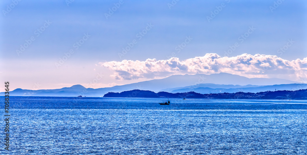 Colorful Fishing Boat Sagami Bay Pacific Ocean Izu Peninsula Kanagawa Japan - obrazy, fototapety, plakaty 