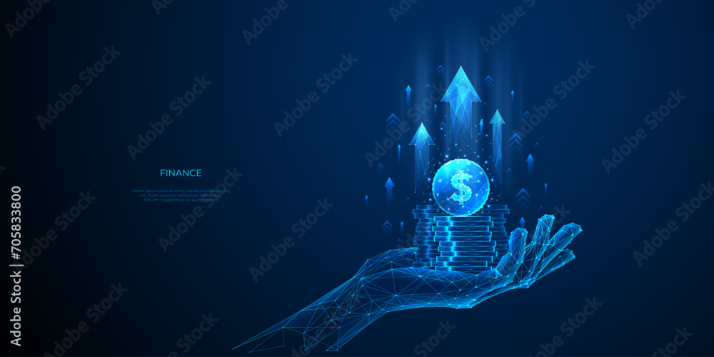 Technology Increase Revenue Concept. Money coins in a hand. Growth profit. Digital low poly wireframe vector illustration. Abstract polygonal stack of coins in a hand and arrows up on blue background. - obrazy, fototapety, plakaty 
