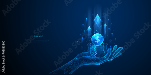 Technology Increase Revenue Concept. Money coins in a hand. Growth profit. Digital low poly wireframe vector illustration. Abstract polygonal stack of coins in a hand and arrows up on blue background.