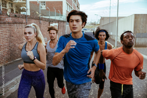 Group of diverse runners jogging on urban street photo