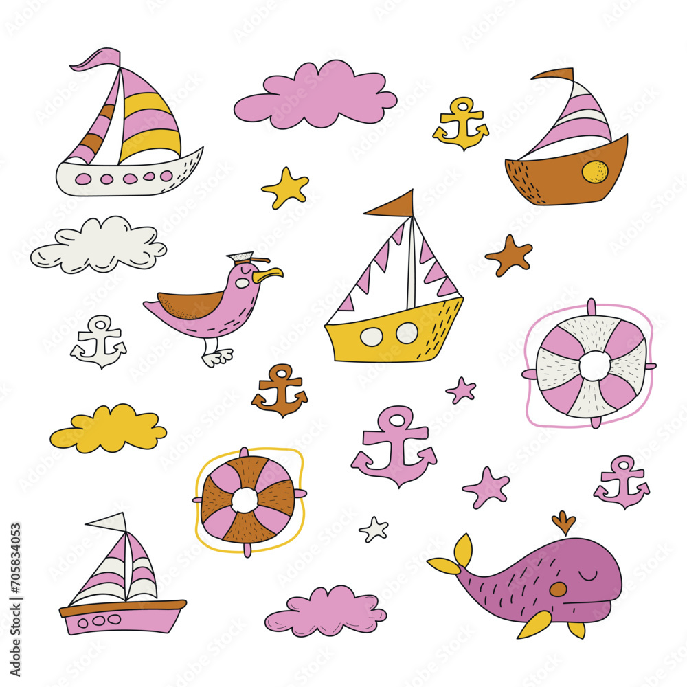 Colored marine icons for kids. Stickerpack. Ship, yacht, albatross, whale, lifebuoys, clouds, stars, anchor. Hand drawn. Vector illustration.