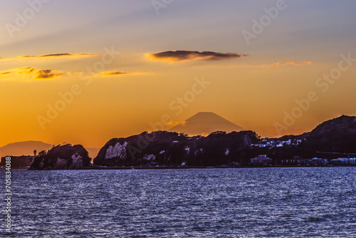Colorful Sunset Kamakura Beach Mt Fuji Sagami Bay Kanagawa Japan