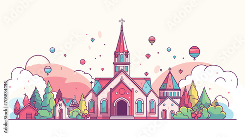 seasonal and celebratory aspects of church life in a vector art piece showcasing festive decorations, holiday celebrations, and special events. 