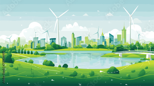 natural beauty of green energy infrastructure in a vector scene featuring wind turbines set against a scenic landscape, solar panels integrated into urban architecture, and hydropower installations co