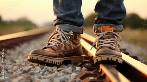 Man in brown hiking boots on rails © cvetikmart