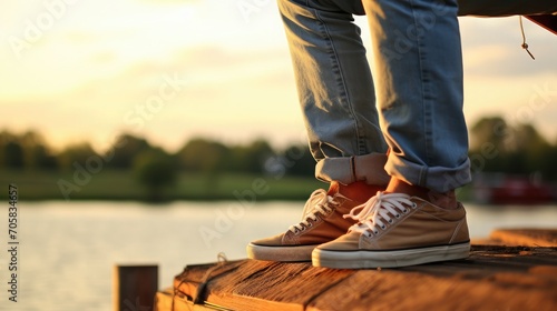 A man in beige sneakers stands on the edge of a wooden pier, a solitary walk on a wooden pier photo