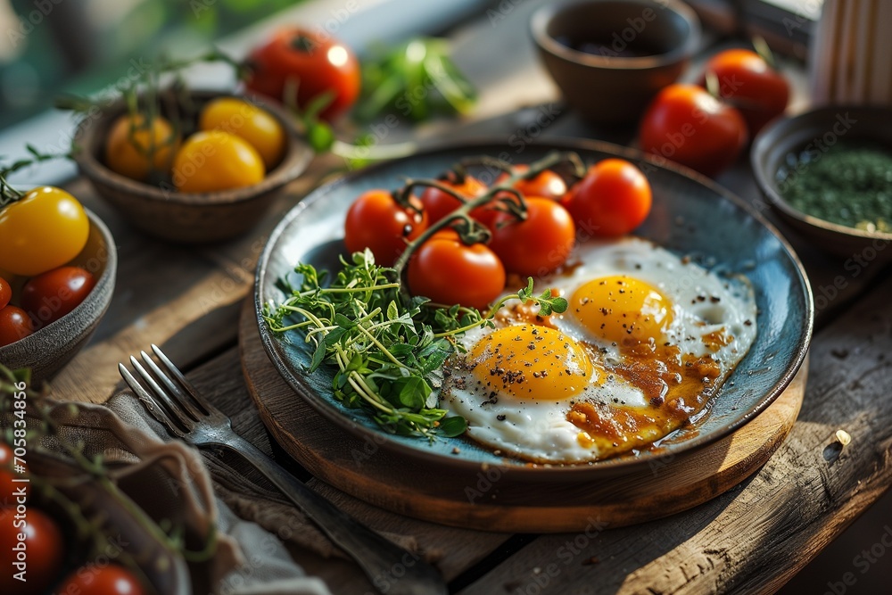 AI illustration of fried eggs with cherry tomatoes and herbs on a wooden table.