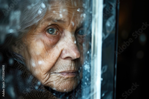 Porträt einer alten Frau die durch das Fenster schaut