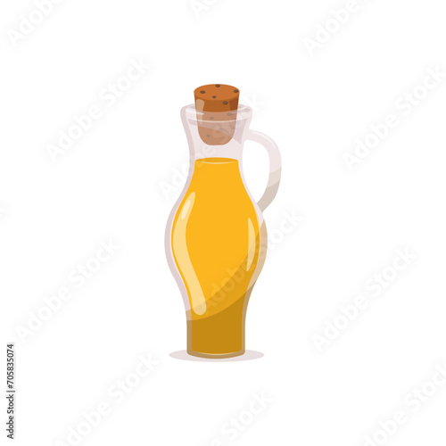 Olive oil in a glass bottle in cartoon flat style. Healthy food Vector illustration isolated on a white background.Fresh extra virgin olive oil in a glass bottle.