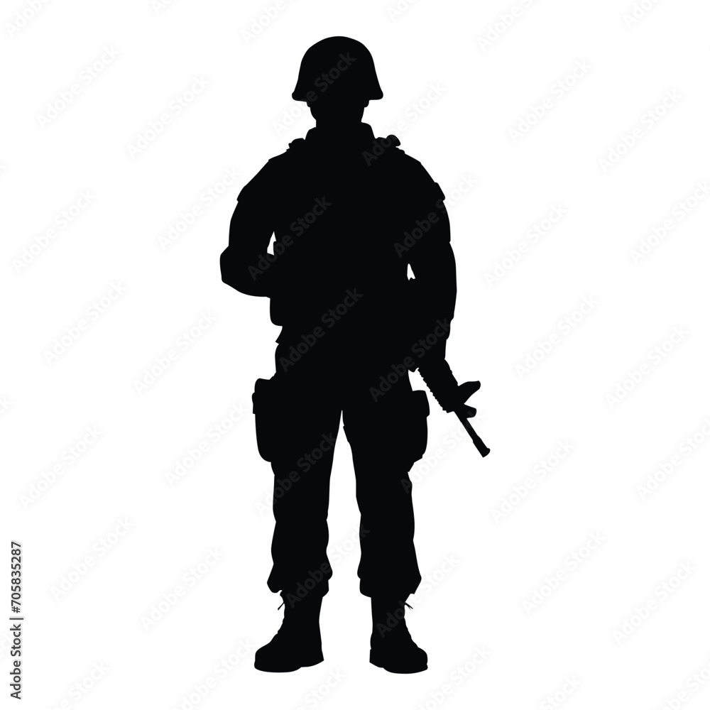 silhouette of a soldier standing and hold gun silhouette of a soldier standing and hold gun
