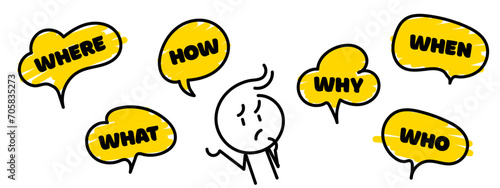 Question who, what, how, why, for what and where. Speech bubble with ask question and doodle stick man. Vector illustration. Speak english.
