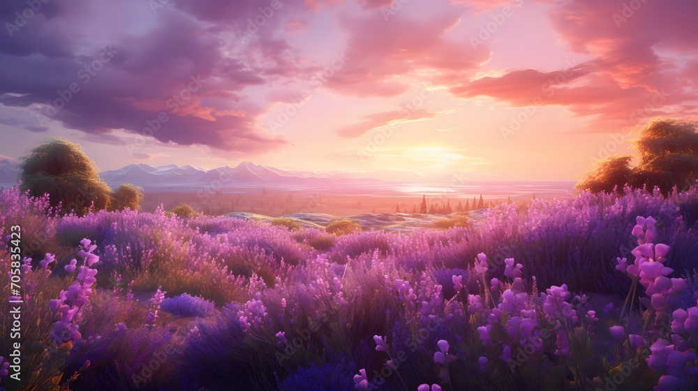 Lavender field at sunset - obrazy, fototapety, plakaty 