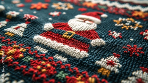 Knitted Christmas and New Year wool pattern. Christmas joys with knitted Santa. Close-up of Sweater Design.