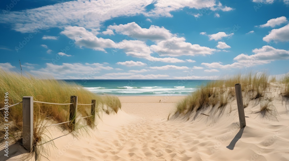 Path to the beach through the sand dunes - obrazy, fototapety, plakaty 