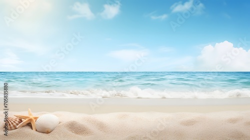 Sun, sea, starfish and shells on a.beach, copy space