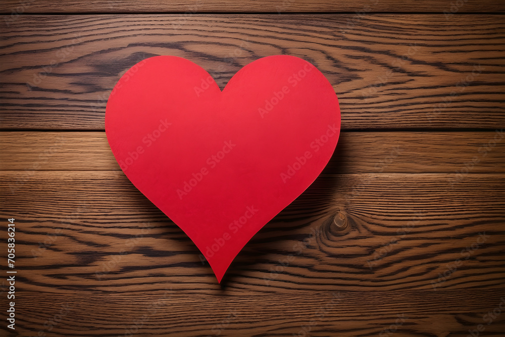 Oak wood background, a red heart-shaped paper. Valentines day concept. Generative AI