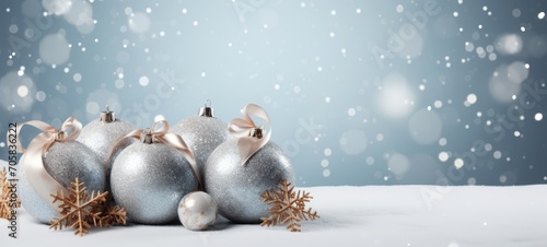 Christmas pastel close view portrait mockup with silver Christmas balls. Light blue background snow texture. Horizontal banking background for web. Photo AI Generated