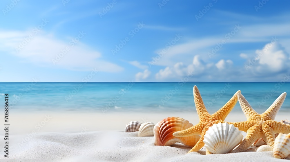 Starfish and shells on a sunny beach