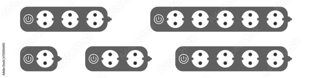Extension cords vector icon set. Multi-socket adapter. Many connectors for electrical appliances. Icons of braided cables of electrical extension cords. White extension cord background. Extension cords vector icon set. Multi-socket adapter. Many connectors for electrical appliances. Icons of braided cables of electrical extension cords. White extension cord background.