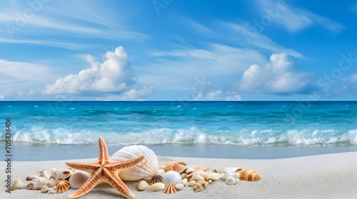 Starfish and shells on a sunny beach