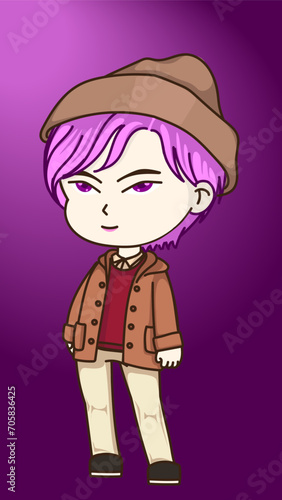 Cartoon characters with expressionless faces And there is purple hair on a purple background.
