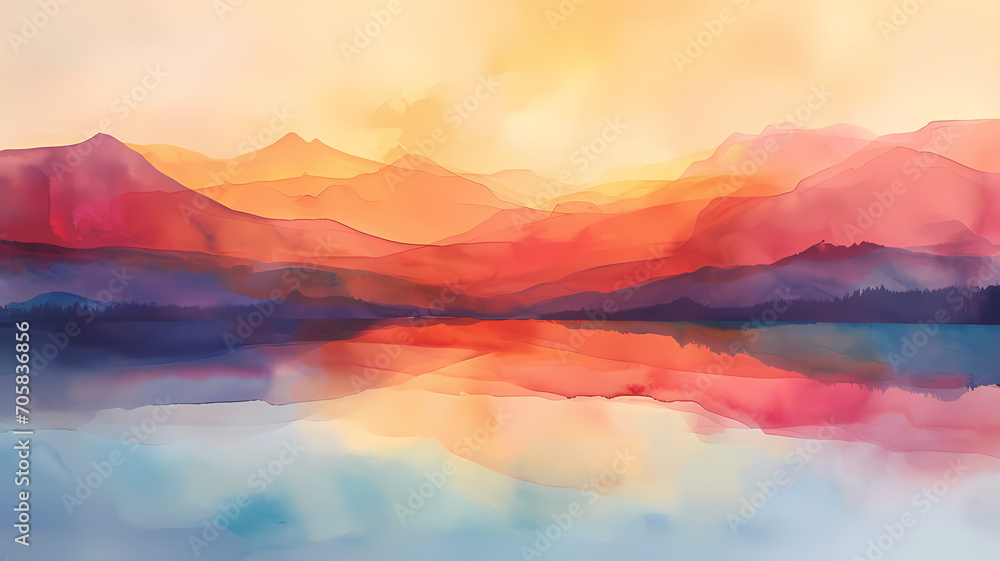 Abstract watercolor landscape with mountains, a lake, and a sunset sky, blending smoothly