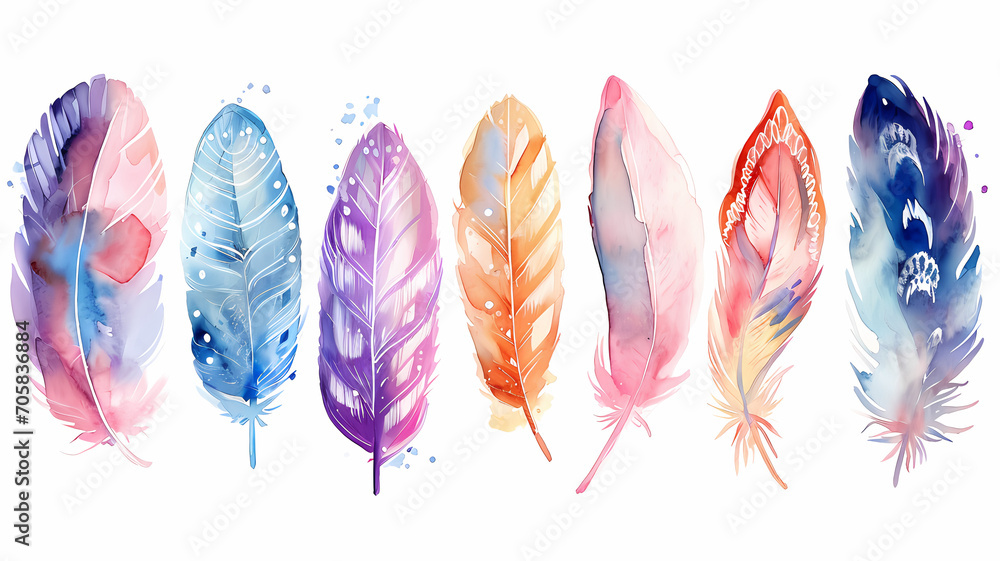 Elegant watercolor feathers with fine details, arranged in a bohemian composition. Elegant watercolor feathers with fine details, arranged in a bohemian composition.