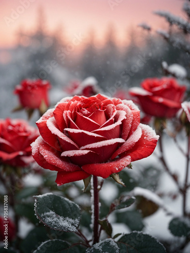 Wallpaper Mural red roses frozen flowers and snow falling over winter landscape Torontodigital.ca