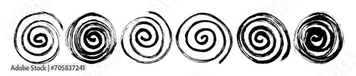 Set of spiral and swirl motion brush drawn elements. Retro style objects with rough edges and dry texture.