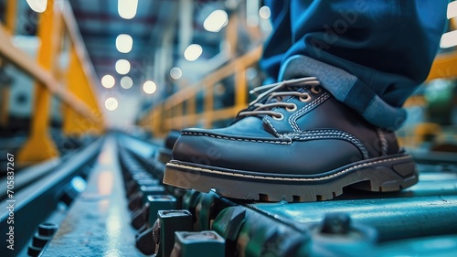 Safety work shoe on a factory floor photo