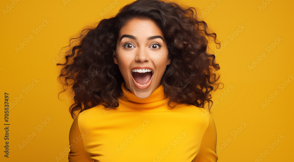 Jeune femme brune, heureuse, souriante, arrière-plan jaune - obrazy, fototapety, plakaty 