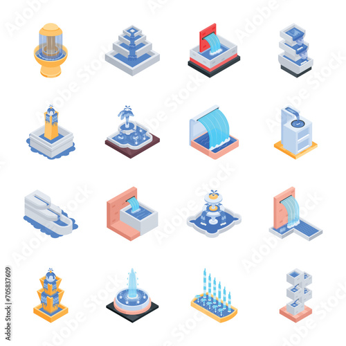 Set of Water Fountain Sculptures Isometric Icons 

