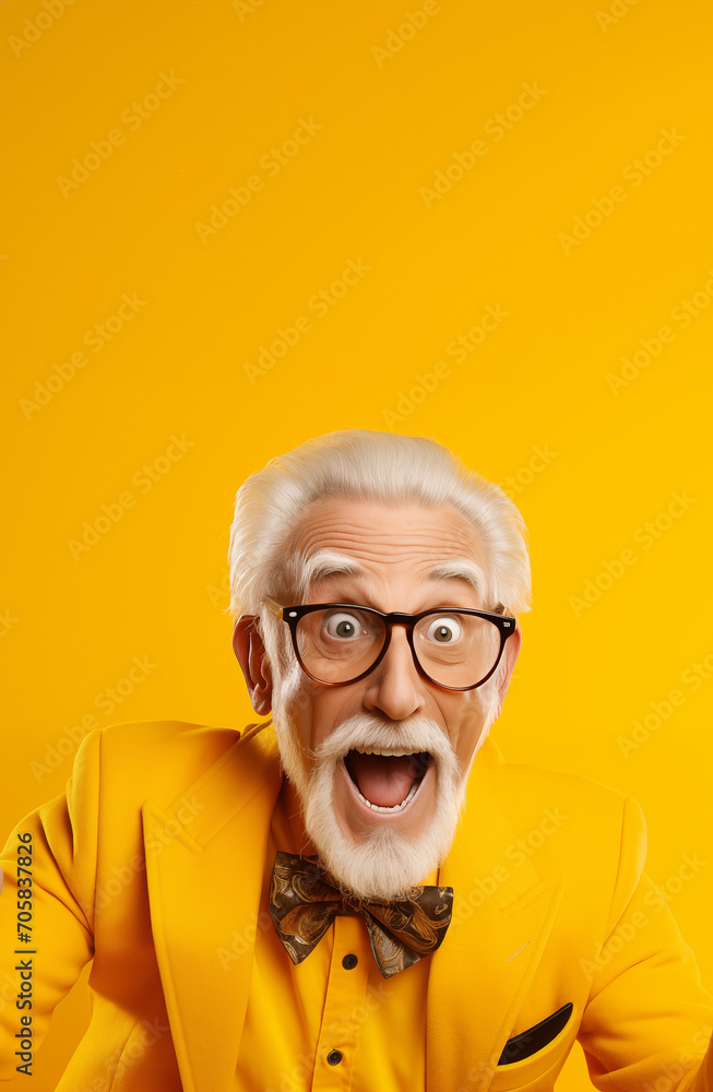 Homme senior heureux, étonné avec barbe et lunettes, arrière-plan orange, image avec espace pour texte Homme senior heureux, étonné avec barbe et lunettes, arrière-plan orange, image avec espace pour texte