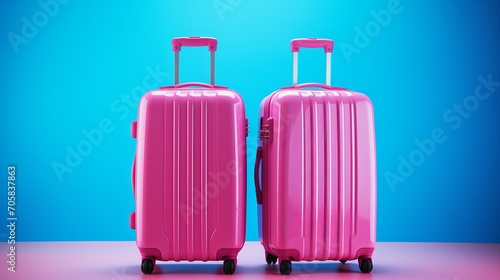 Vibrant blue backdrop with two bright pink suitcases, travel luggage set for vacation