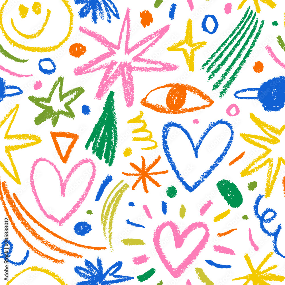 Colorful fun doodle childish elements seamless pattern. Creative cute charcoal or pencil shapes.