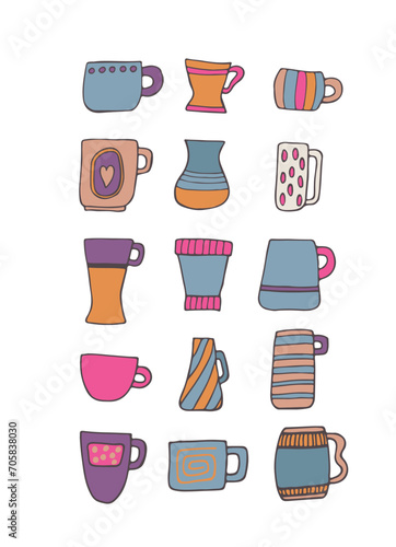 Set of bright beautiful mugs in a retro style on a white background. Tea drinking. Beverages. Design element. Beautiful glassware for drinks. Vector illustration. Flat design.