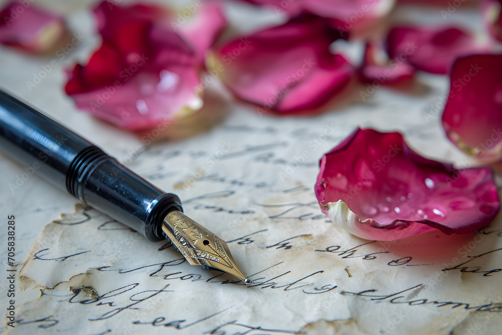 Fototapeta premium Vintage Fountain Pen Amongst Rose Petals and Love Letter