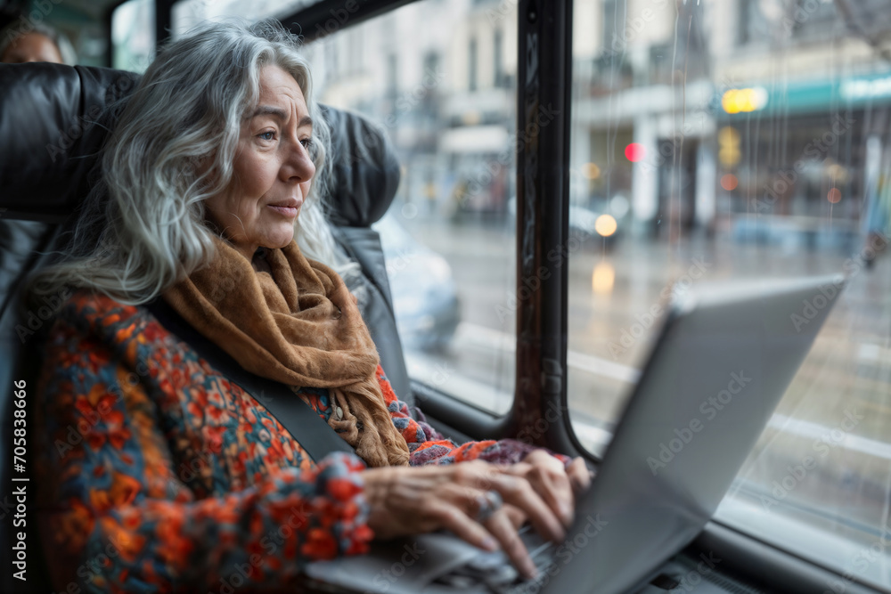 Fototapeta premium Senior Woman Working on Laptop in Bus. Generative AI