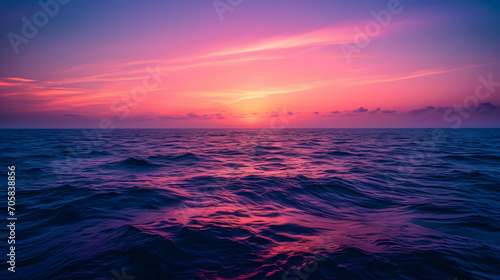 An ocean scene  with a gradient of neon colors across the horizon  during a tranquil sunset  embodying the Psychic Waves aesthetic of spiritual exploration