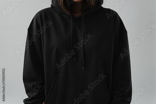 Woman dressed in a black oversized hoodie in full growth with blank space, grey background, Ideal for a mockup